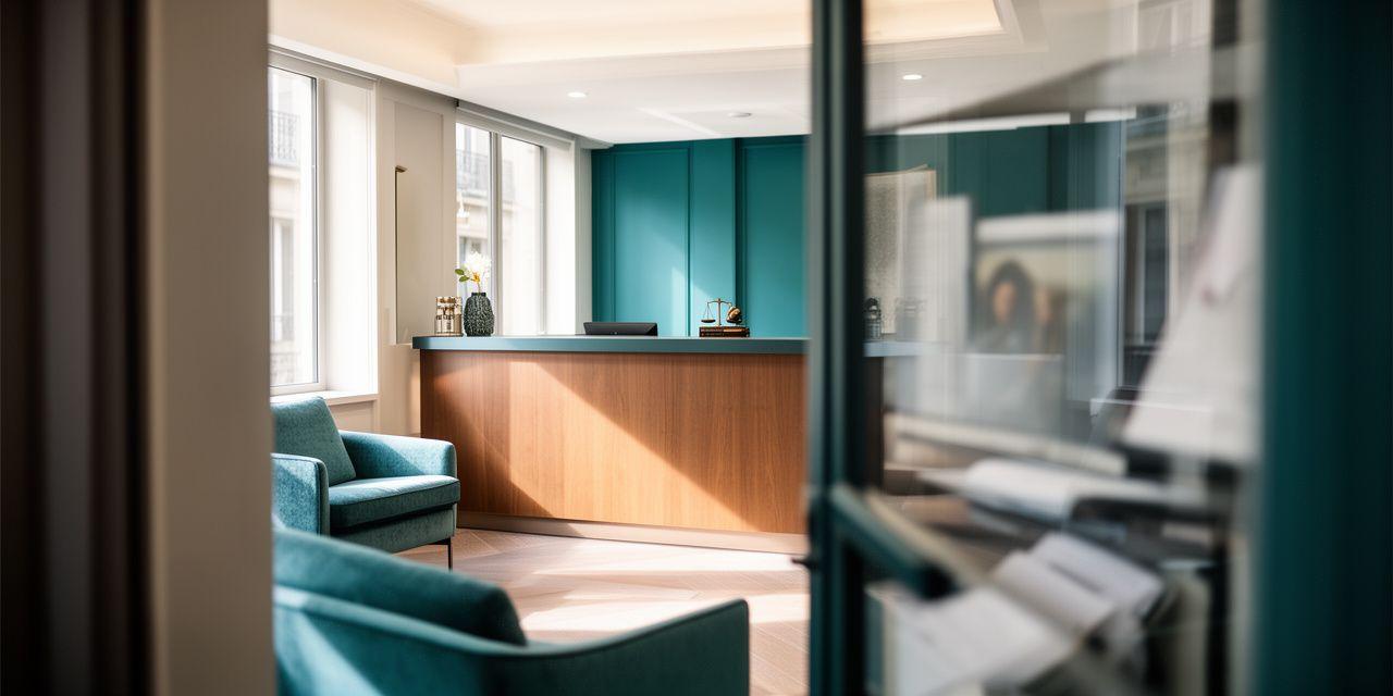 Réception moderne d’un cabinet d’avocats à Paris avec dossiers, lumière naturelle et atmosphère professionnelle